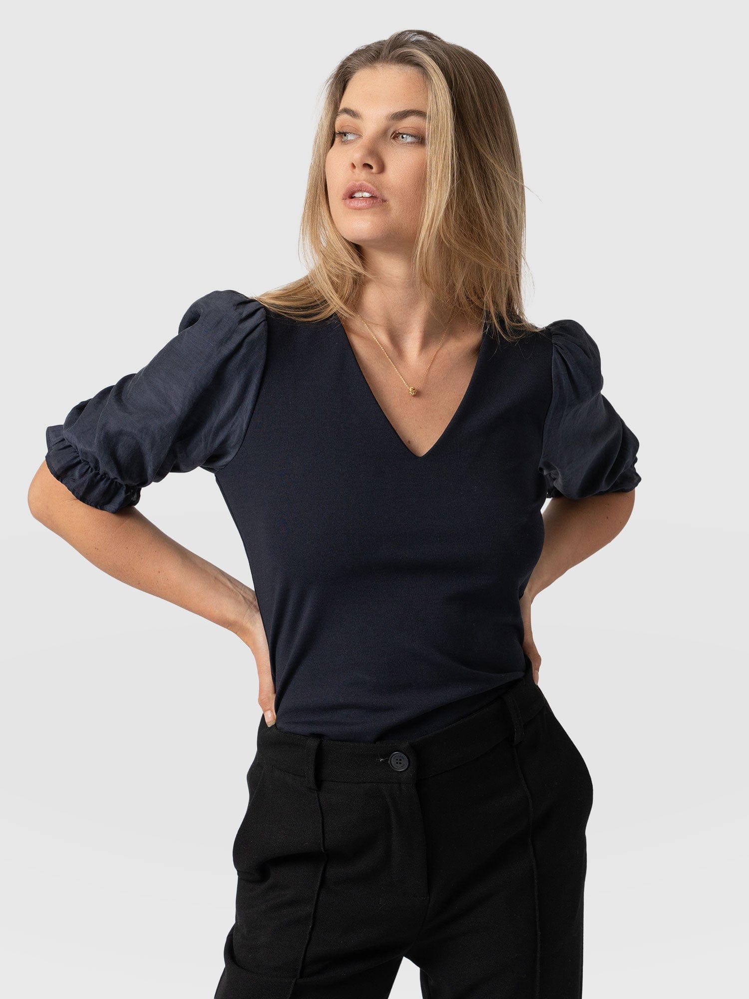 Tori Puff Sleeve Top Navy Ponte - Women's Tops | Saint + Sofia® EU